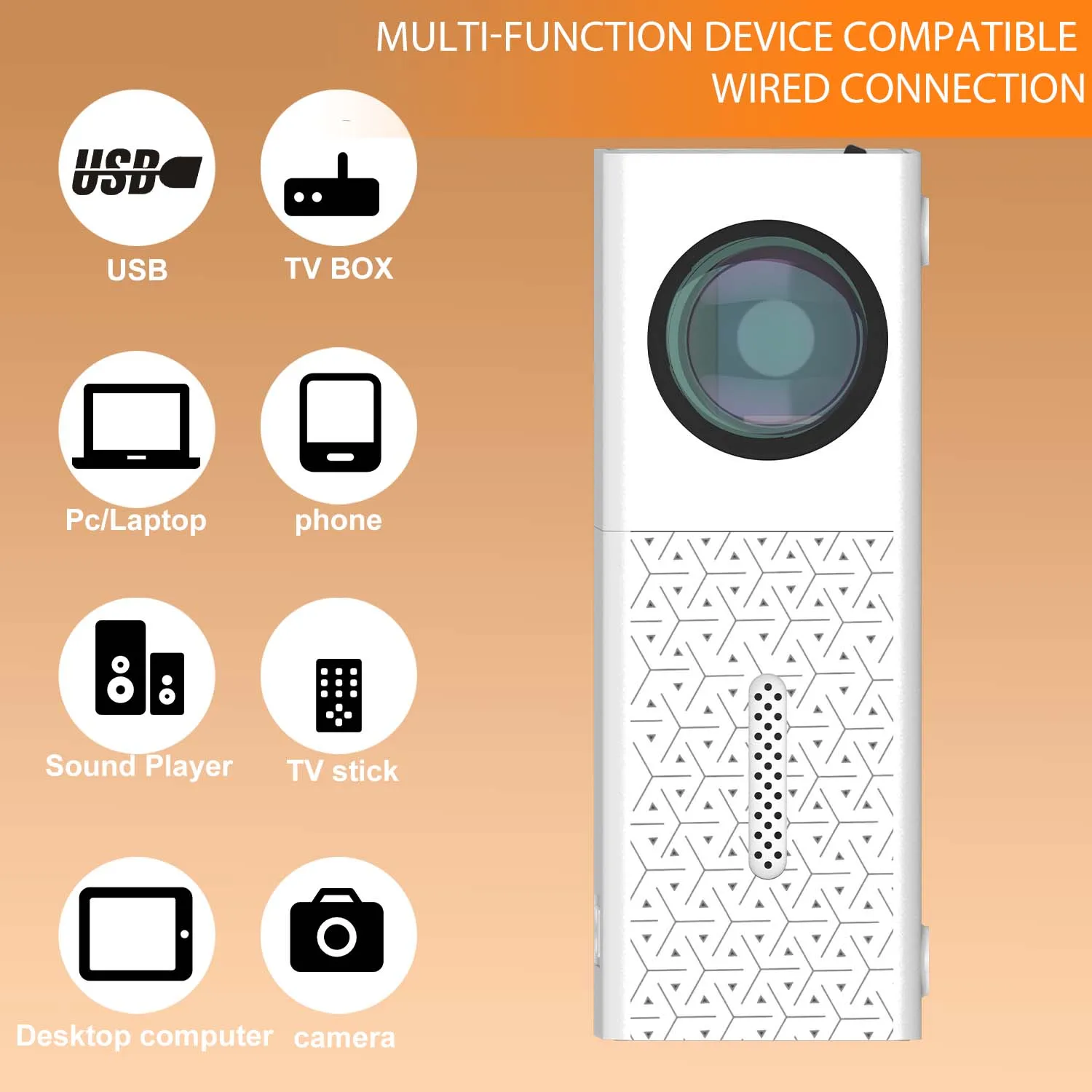 Kompakter Mini-Projektor mit USB-HDMI-Anschlüssen, integriertem Lautsprecher, EU-US-Steckeroptionen, tragbar für unterwegs