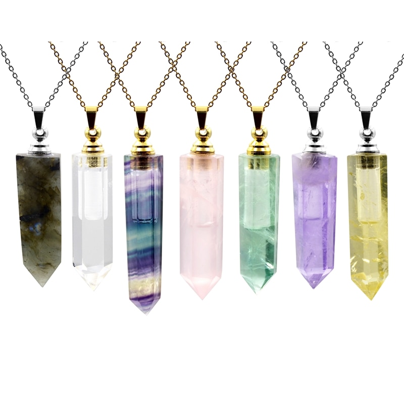 Gemas naturais pedra perfume garrafa pingente difusor de óleo essencial apontado fluorite ametistas cristal jóias hexágono prisma frascos