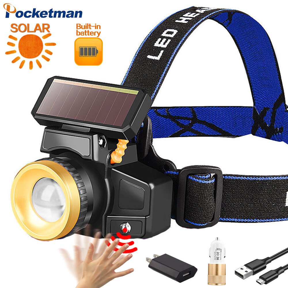 Solar Charging Headlamp USB Rechargeable Motion Sensor Headlight Outdoor Fishing Lamp Strong Long Range Zoom Headlights