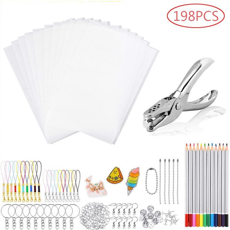 198Pcs Shrinky Plastic Vel Kit Krimpkous Vel Art Papier Perforator Sleutelhangers Potloden Tekening Supply Charmes Maker