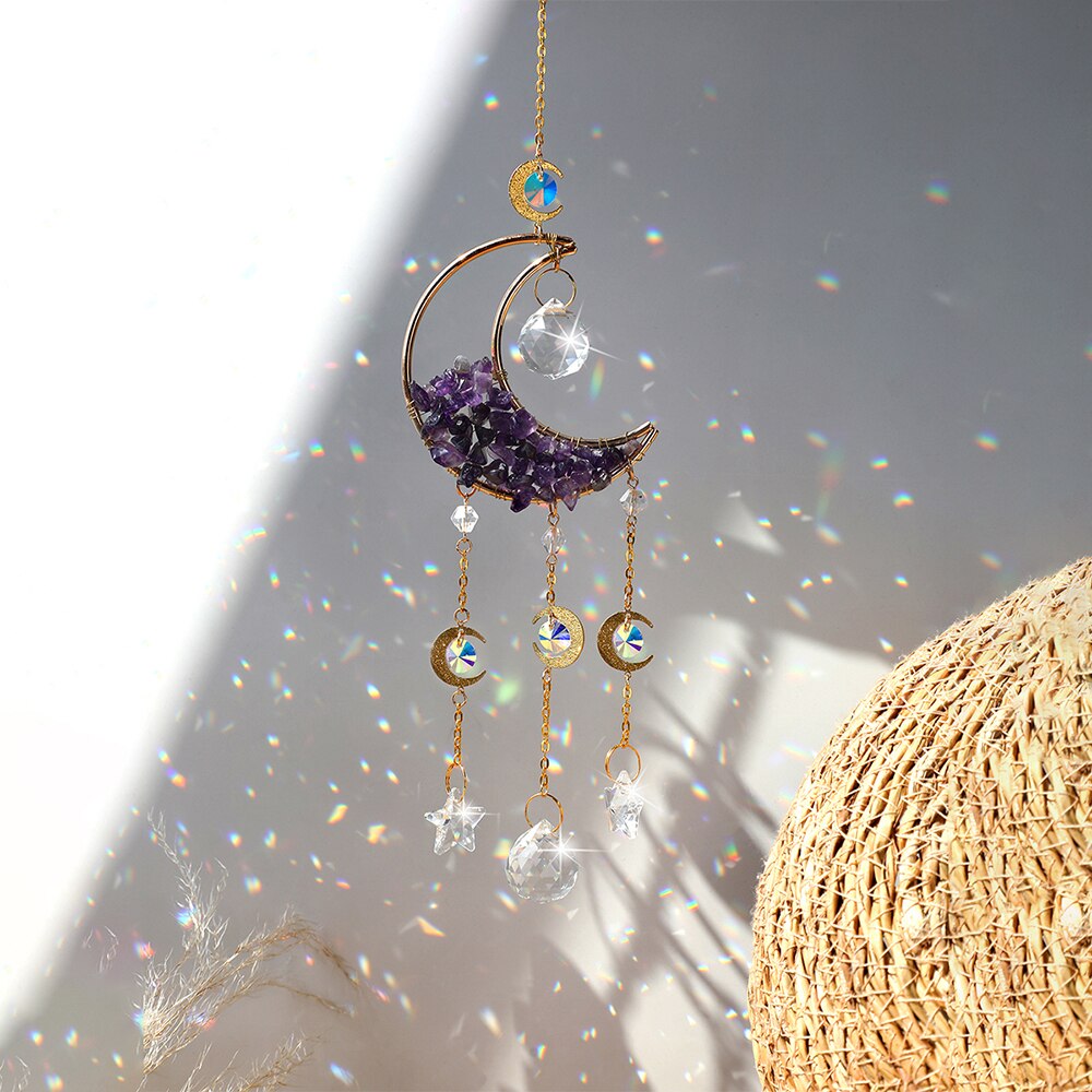 Atrapamoscas de Metal para decoración de pared, Prisma de bola de cristal, Luna, artesanía de arcoíris para ventana de coche, cristales colgantes para jardín: suncatcher MS058