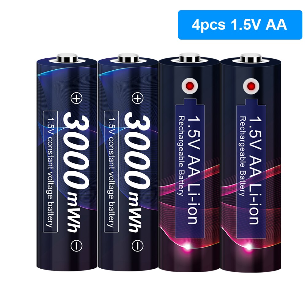 Ajnwnm 1.5v aa lithium genopladeligt batteri 3000 mwh konstant spænding 1.5v aa batteri til fjernbetjening mus blæser elektrisk legetøj: 4 stk aa batteri