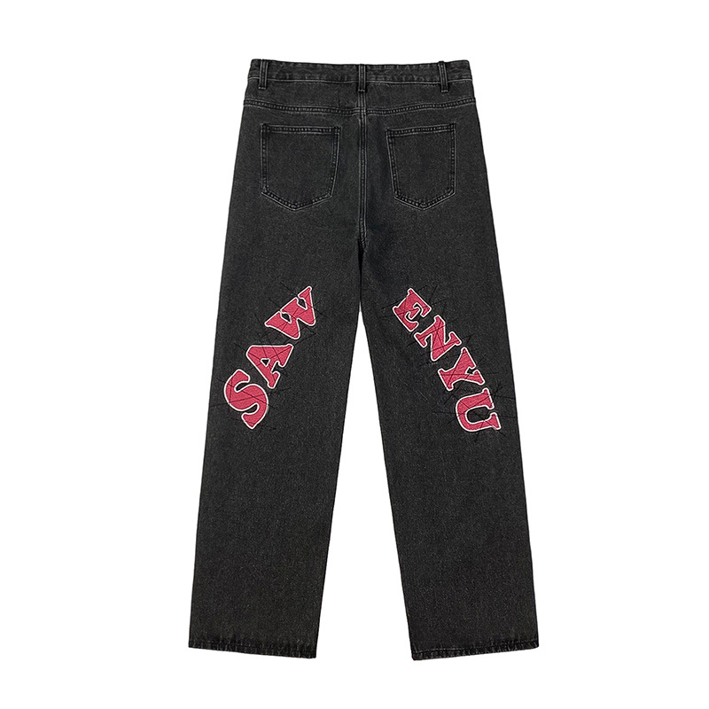 Pantalones vaqueros con estampado de letras para hombre, jeans holgados de estilo hip hop para verano: Black / S