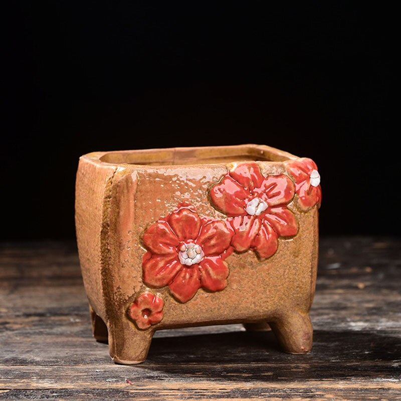 Ceramic Flowerpot Coarse Poterry Floral Pattern Fleshy Plant Pot Breathable Vase Office Desktop Ornaments Garden Decor: 7x5x6cm