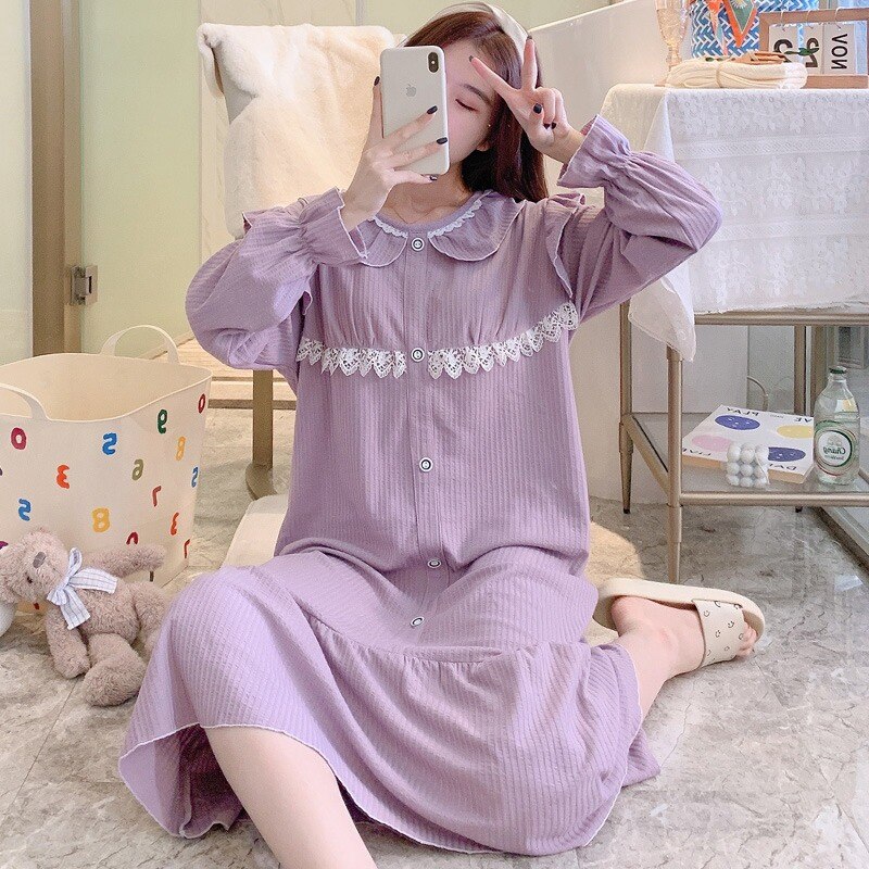 2022 Lente Lange Mouwen Katoenen Losse Lange Jurk Nightgowns Voor Vrouwen Koreaanse Nachtkleding Homewear Nachtjapon Nachthemd Thuis Nachtjapon