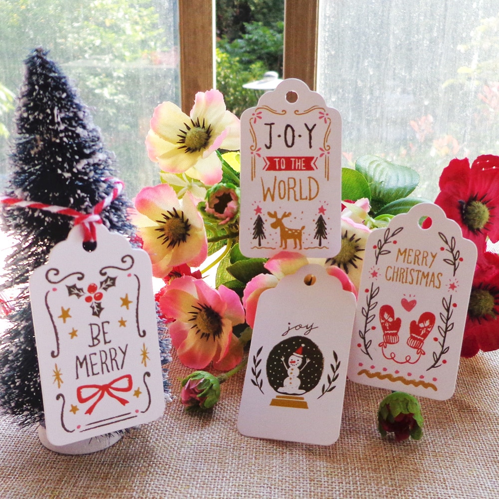 50pcs Vrolijk Kerstfeest Wit Papier Tag Sneeuwpop Kerstman DIY Craft Card Labels Xmas Cookies Candy Decoratieve Tag
