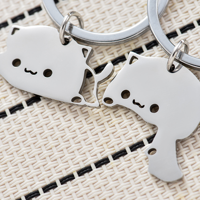 1 Pair Creativity Cute Stainless Steel Cartoon Cat Keychain Couple Animal Matching Key Ring Pendants Valentine Friendship