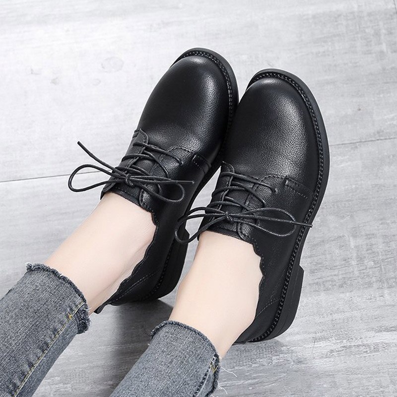 Spring Autumn Women's Oxford Shoes Black Lace Up Leather Shoes Wave Brogue Shoes Cross-tied Casual Shoes zapatos mujer 8812N