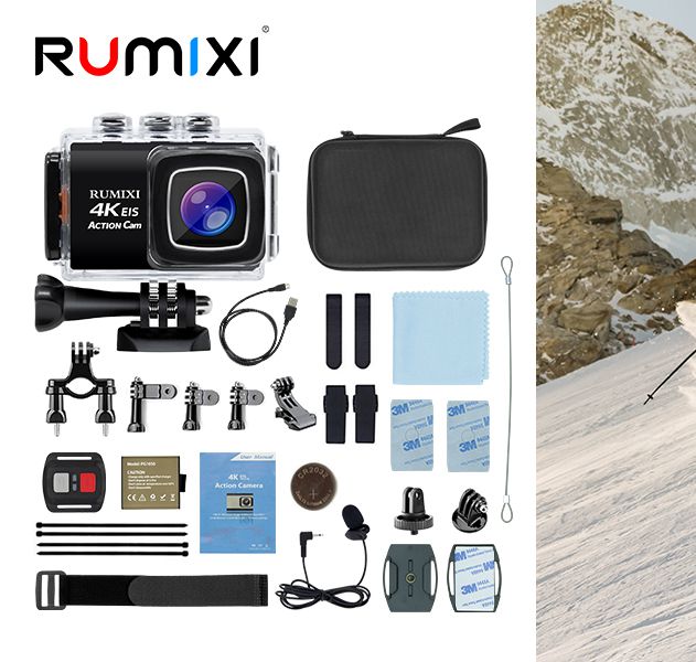RUMIXI Sport 4K Action Camera met EIS Functie Waterdichte Onderwater 30M Video Record Cam met Afstandsbediening Externe mic: Default Title