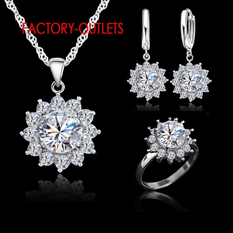 Sun Flower Cubic Zirconia Genuine 925 Jewelry Sets Earrings Pendant Necklace Rings Size6-9