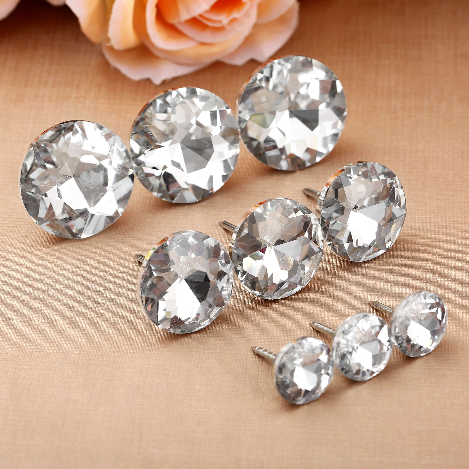 10Pcs Diamond Crystal Glass Upholstery Nails Button Tacks Studs Pins 16/25/30mm Dia Sofa Wall Furniture Decoration