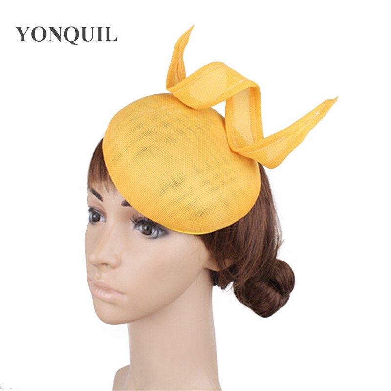 Imitatie Sinamay Bruid Bruiloft Hoed Tovenaar Hoops Decor Hoofddeksel Vrouwen Elegante Getrouwd Hoedenzaak Cap Haar Pin Accessoires: Geel