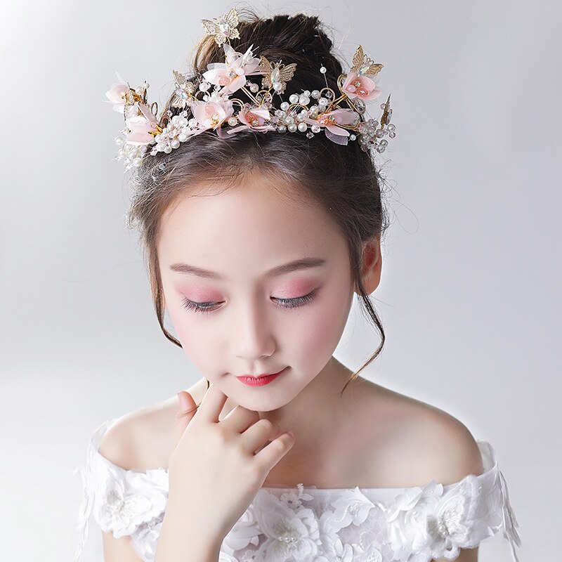 Korean Children&#39;s Head Flower Golden Butterfly White Pearl Flower Headband Flower Girl Birthday Headband Wreath 2021new: Default Title