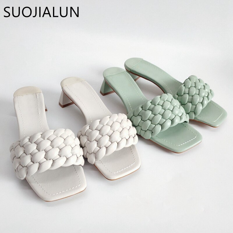 Suojialun merk dames zomer slippers geweven open teen pantoffel vierkante lage hak vrouwelijke strand slippers
