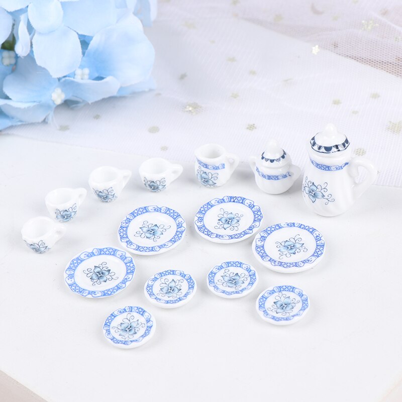 15Pcs 1:12 Miniature Porcelain Tea Cup Set Chintz Flower Tableware Kitchen Dollhouse Furniture Toys For Children