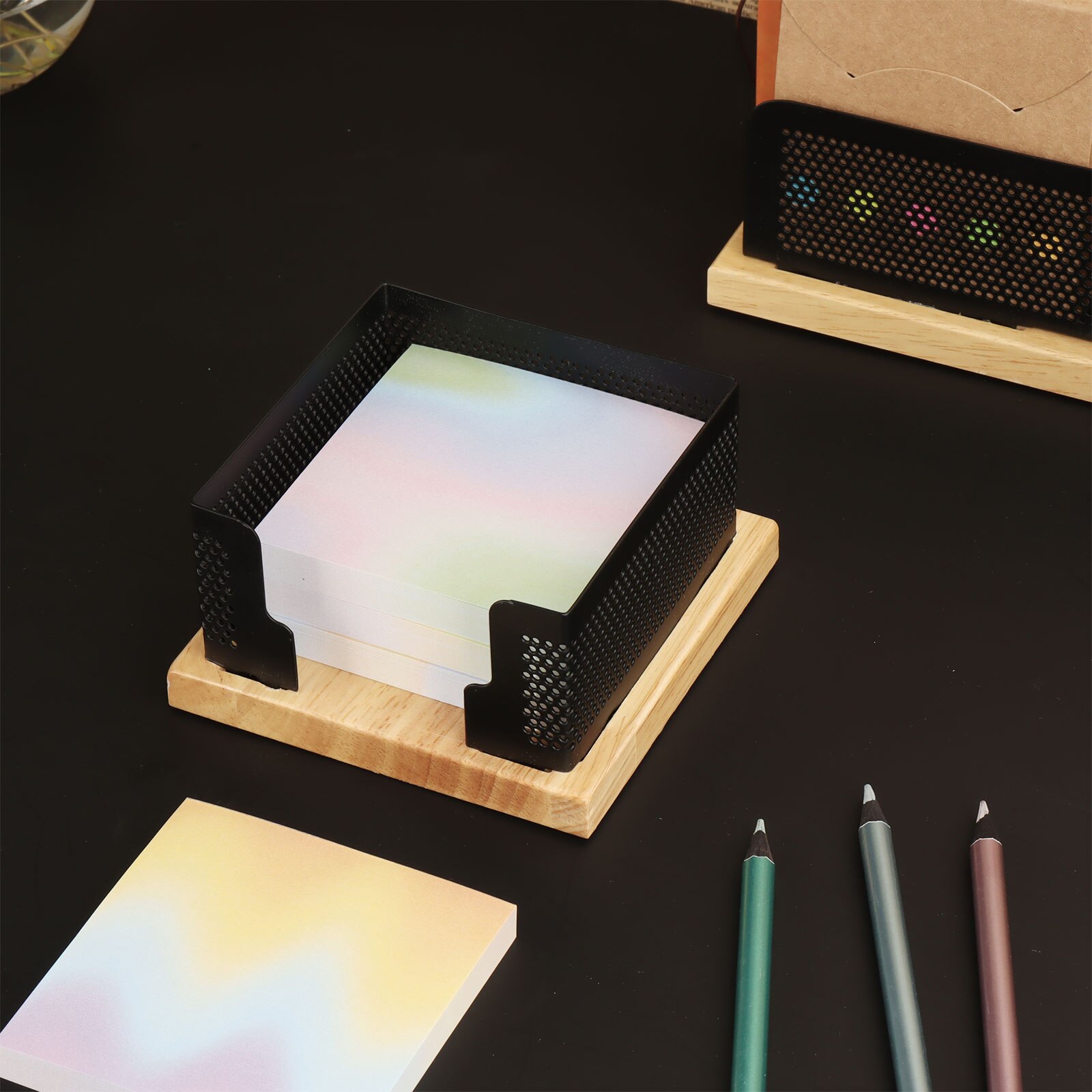 Wood Black Mesh Office Desk Organizer Set Pencil Pen Holder Sticky Notes Memo Holder Upright Stand Letter Sorter Mail Document