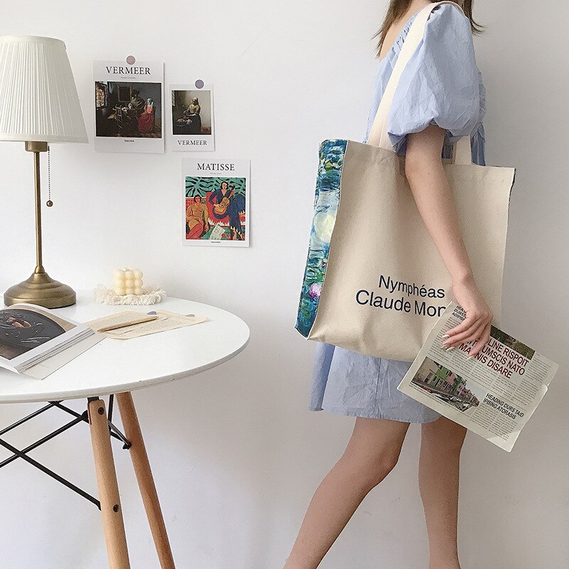 Women Canvas Shoulder Bag Love Philosophy Daily Shopping Bags Oil Painting Books Bag Thick Cotton Cloth Handbags Tote For Ladies