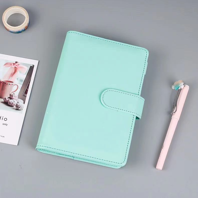 A6 Leather Notebook Binder with Plastic Binder Pockets, Refillable 6 Round Ring A6 Personal Planner Binder Cover with Stickers: green lake