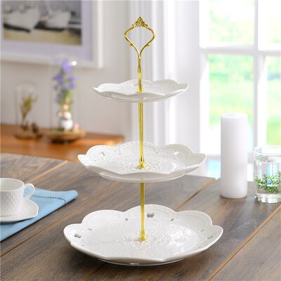 Ronde witte reliëf keramische fruitschaal europese drielaagse snackschaal taartschaal woonkamer snoepschaal plank: 15-20-25.5cm a1