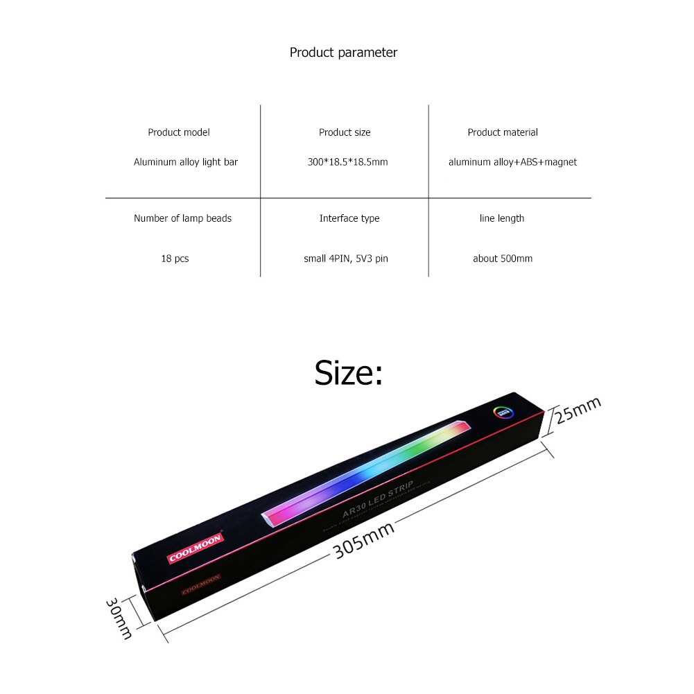 30cm RGB LED Strip 5V 3Pin ARGB Computer Case Light Bar Aluminum Alloy Magnetic Small 4 Pin Light-Strip for PC Case