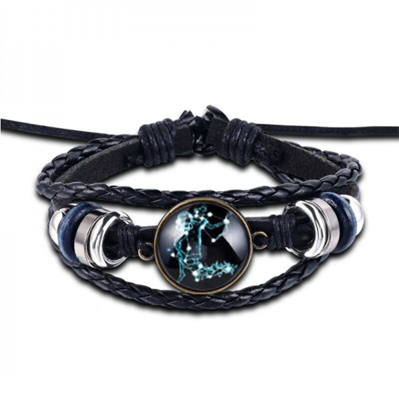 12 Constellation Bracelet Luminous Leather Bracelets Charms Zodiac Sign Bracelets Leo Virgo Libra Gemini for Man Woman Jewelry: Aquarius-Shui ping