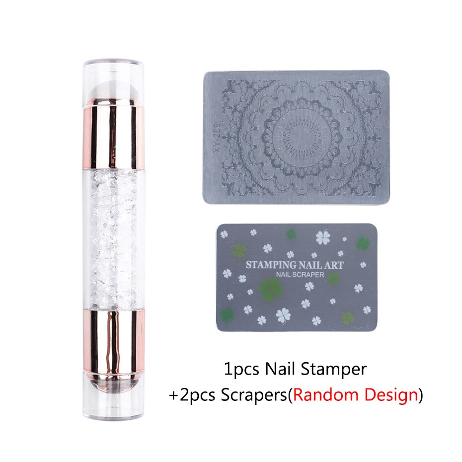 STZ 3pc Double-ended Silicone Nail Stamper with Crystal Rhinestone Handle Transparent Jelly Template Stamping Tool Scraper #1836: White