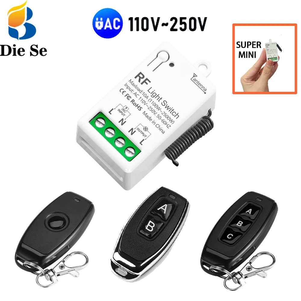 Interrupteur de lumière avec télécommande sans fil RF, AC 110V 220V 10A, relais, Mini Module de commande, transmetteur à 123 boutons pour ventilateur de lampe domestique LED