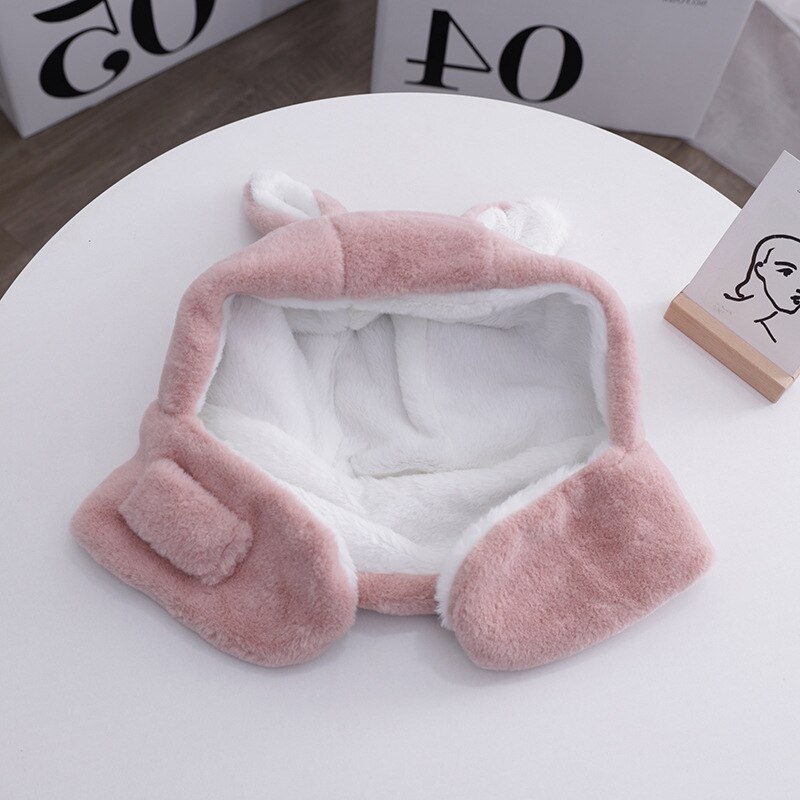 Flickor långa öron mössa mössa set barn vinter varma öronskydd keps och halsdukar barn utanför mjuk plysch hatt 3-8t rosa beige
