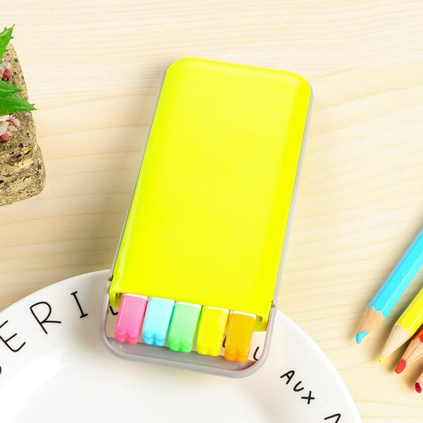 5 stk farge highlighter tusj penn sett mini bærbart skrivesaker kontortilbehør skolemateriell materiale escolar  db158: Gul boks