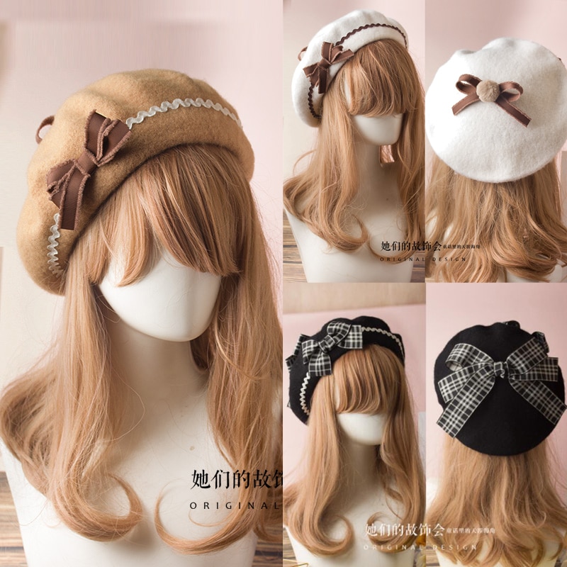 17 Kleuren Lolita Baretten Wol Blend Hoed Vrouwen Meisjes Boog Plaids Streep Sailor Stijl Preppy Chic Studenten Cap