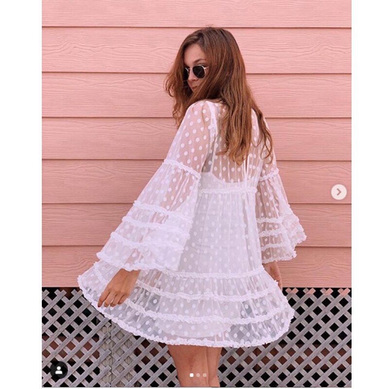 Hirigin mujeres cubierta Boho Dot Swing manga larga con cuello en V volantes encaje Floral suelto Mini vestidos de verano: Blanco / M