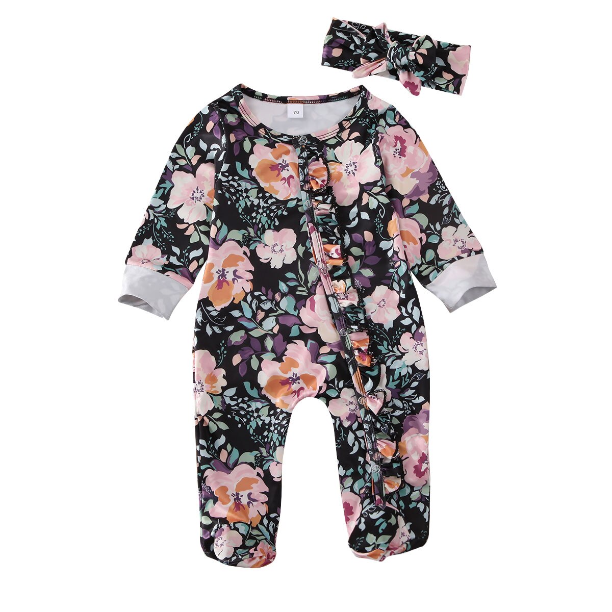 Tenues pour -né filles et garçons de 0 à 6M, bandeau imprimé Floral, manches longues, à volants et boutonnage unique: Black / 3M