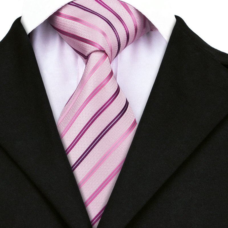 Mens Silk Ties Pink Tie Stripe Necktie Hanky Cufflink Set Business Wedding Ties For Men C-228