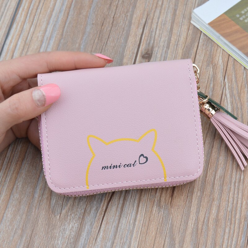 Compact mini coin purse short zipper tassel student wallet: Pink