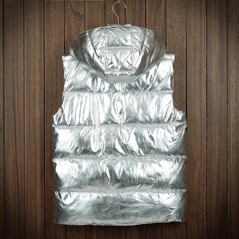 Glossy Vest Mannen Winter Mouwloze Jassen Goud Zilver Toevallige Stevige Dikke Warme Vesten Hooded Jassen Mannelijke Vest Jassen