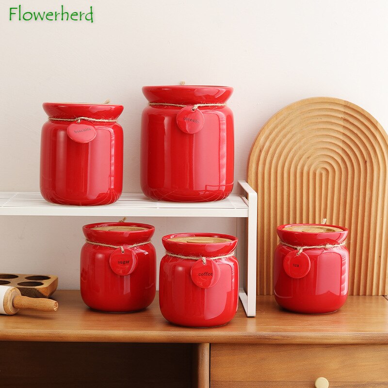 Large Capacity Red Ceramic Tea Caddy with Bamboo Lid Round Tea Storage Food Grade Tea Container Tea Coffee Bean Sealed Caddy