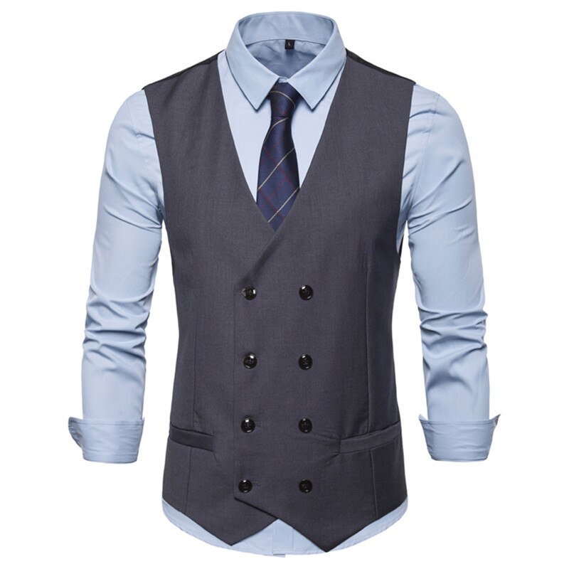 Men Double Breasted Vest Spring Men Dress Suit Vest Autumn Men Formal Gray Vest Suit Gilet Vest Slim Business Jacket Tops Homme: gray / XL