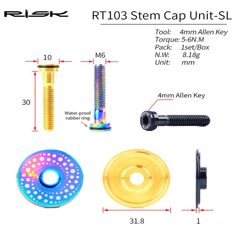 RISK Titanium Alloy Bicycle Headset Cap Suit 28.6mm+M6*30mm Bolts With waterproof pad Bike Stem Top Cap MTB Road Cycling