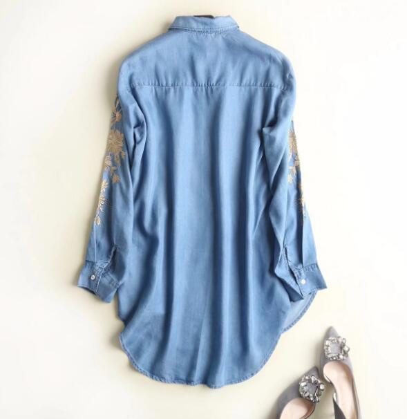 Boyfriend Gold line flor bordada mediados de la Camisa larga mujeres suelta manga larga Denim blusa Tops blusas