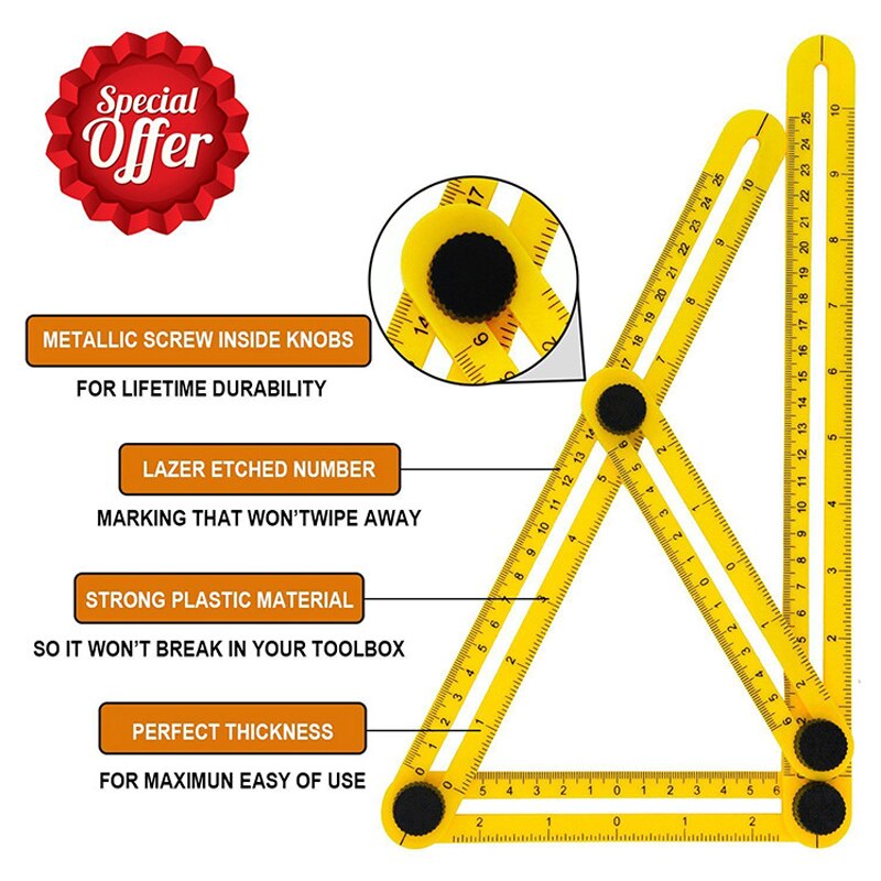 Template Tool Angle Ruler Measuring Protractor Activity Four-fold Ruler With Metric Inch Scale Multi-angle Ruler