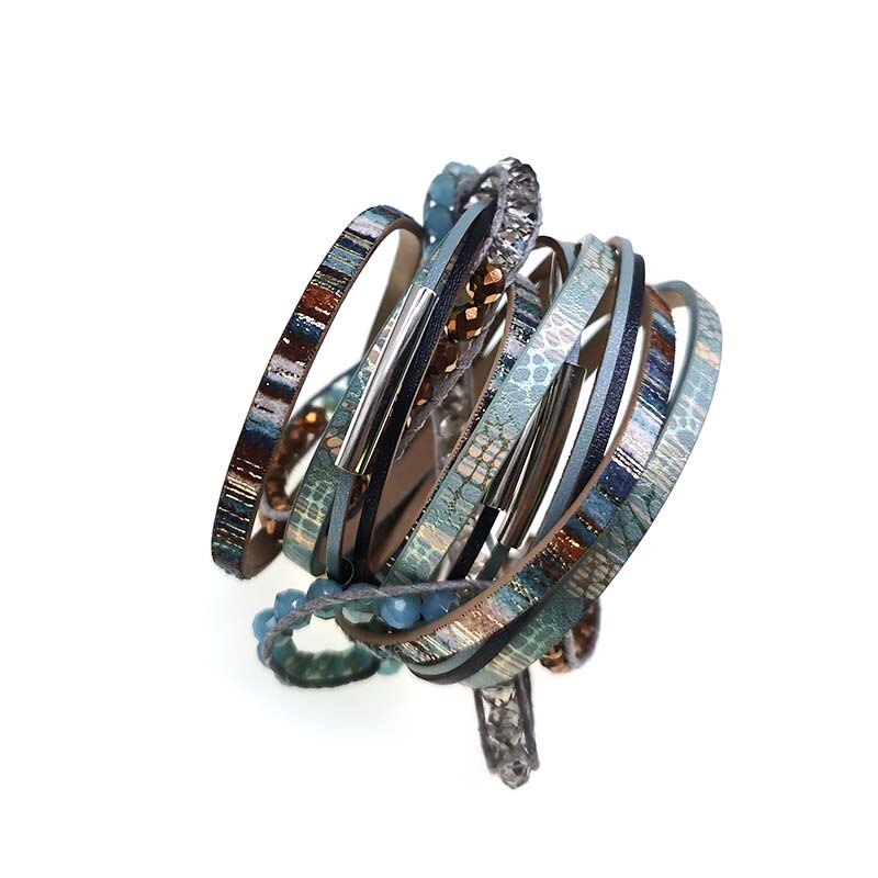 Pulsera de cuero multicapa con cuentas de cristal y abalorios de Metal para mujer, joyería femenina, 3 capas,