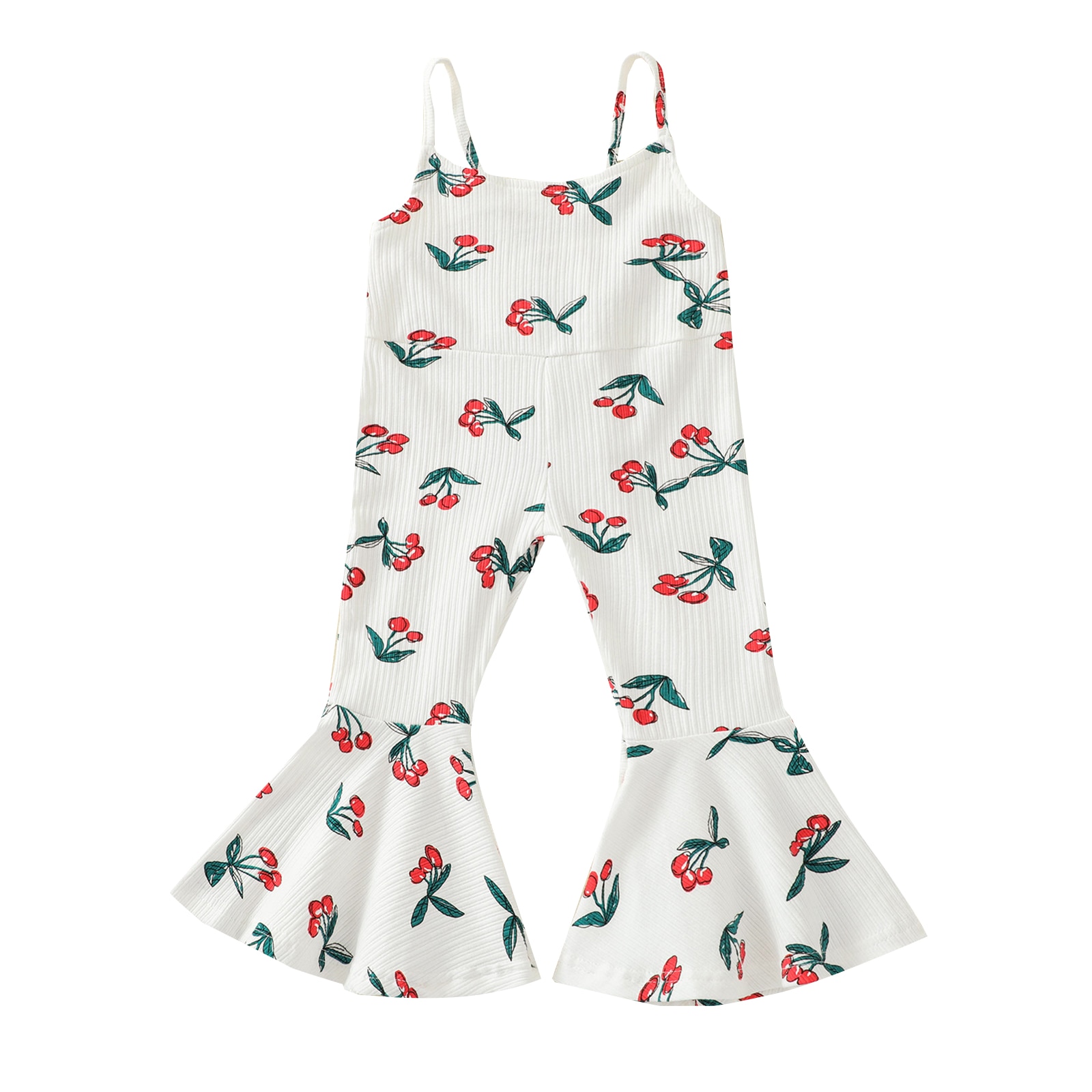 1-5Years Meisjes Jarretel Jumpsuit, Zomer Peuters Bloemen/Cherry Printing Mouwloze Bell Bodem Siamese Broek