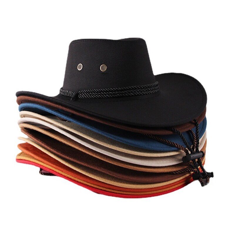 Unisex Western Cowboy Hat with Rope Men Women Retro Wide Brim Trendy Solid Color Jazz Hat Windproof Outdoor Sun Protection Cap