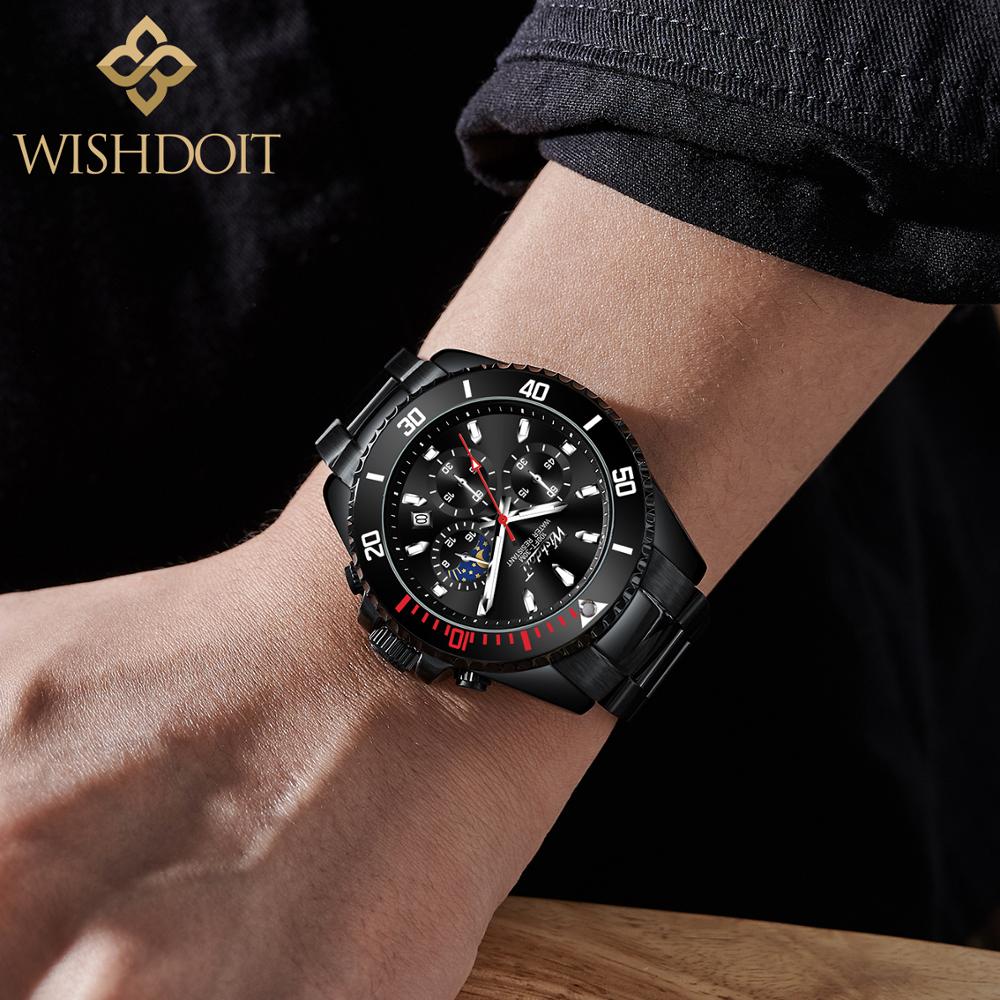 WISHDOIT-nuevos relojes para hombre, lujosos, a la , luminosos, a prueba de agua, cronógrafo, fase lunar, calendario, reloj de cuarzo de acero inoxidable