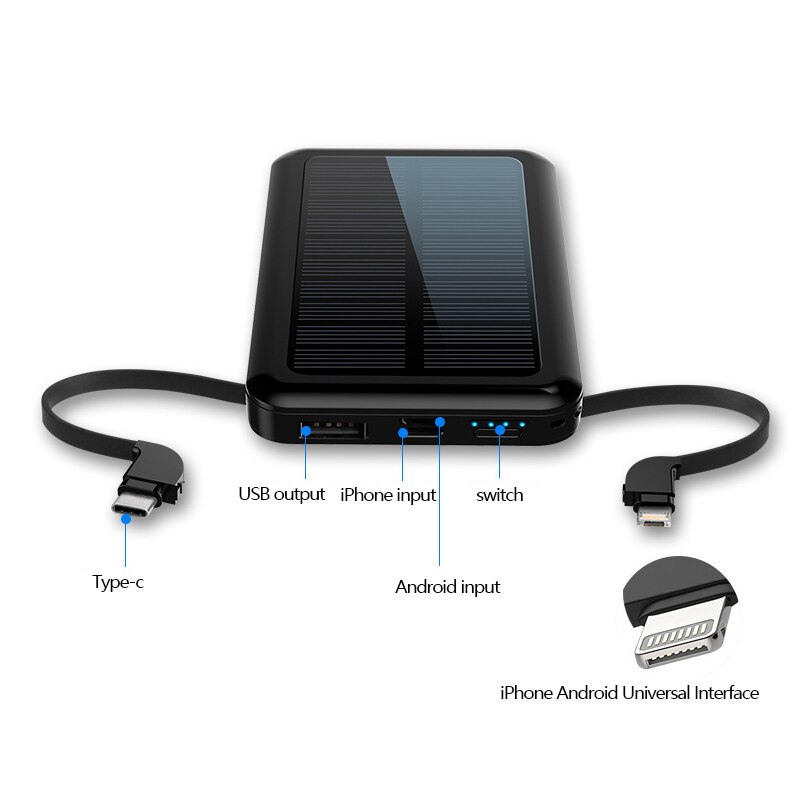 30000Mah Solar Power Bank Snelle Charger Ingebouwde Kabel Lcd Type C Powerbank Voor Alle Smartphones Power Bank Draagbare opladen