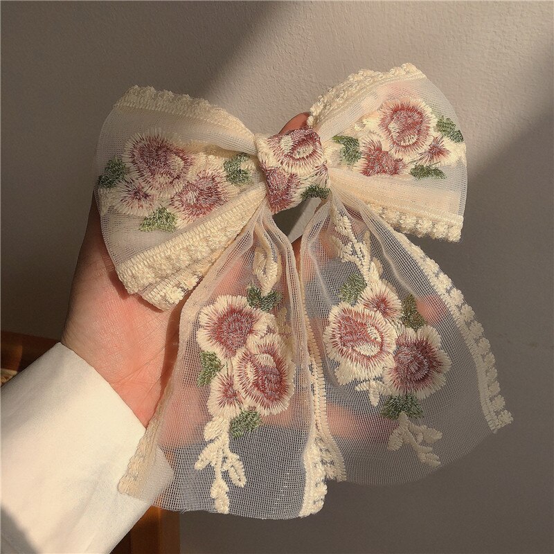 AOMU retro Geometrische Rosa Rose Spitze Band Haarnadel Koreanisch Blume Stickerei Übergroßen Bogen Frühling Clip für Frauen Braut Hochzeit: 2