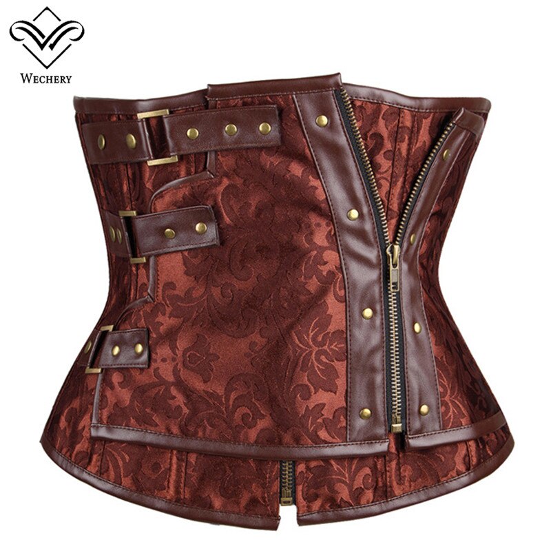 Wechery Brown Steampunk Corset with Zipper Gothic Clothing Corsets and Bustiers Lace up Stud Leather Vintage Sexy korset Corsage