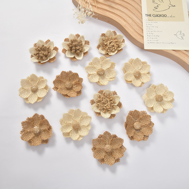 Mezcla de 10 Uds. De flores de arpillera de yute Vintage, flores rosas de arpillera hechas a mano para manualidades florales DIY, decoración para de boda y Navidad: Default Title