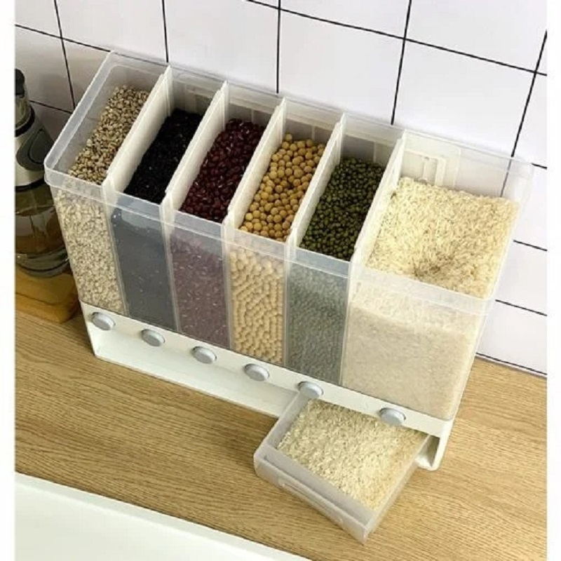Dispensador de arroz y cereales montado en la pared, 6 estantes automáticos a prueba de humedad, caja sellada de almacenamiento de alimentos, contenedor de almacenamiento de arroz