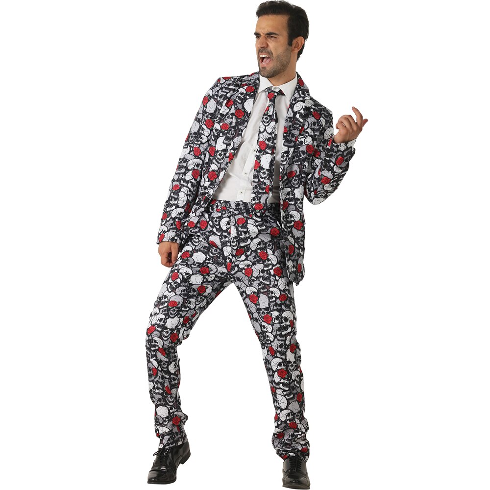 CRAZE Scary Dead Skull Cosplay Men floral Rose Suits Halloween Costumes Black Gothic Blazer Carnival Party Slim Fit Outfit